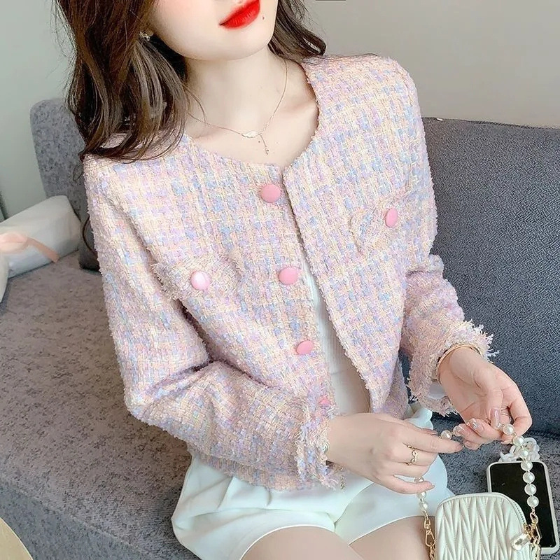 2025 New Year Pink Chanel Style Short Tweed Jacket for Women Long Sleeve Socialite Style Slimming