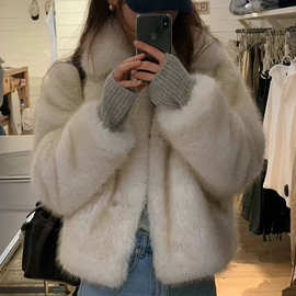 现H2025冬季新款韩国东大门OU*CE气质纯色翻领长袖暗扣皮草外套女