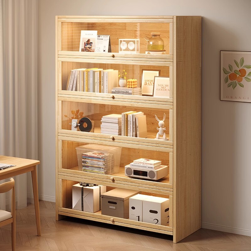 All Solid Wood Bookshelf Wall-Mounted Sundry Cabinet Storage Cabinet Storage Rack Floor-Standing Dust-Proof Display Cabinet Children's Home Bookcase