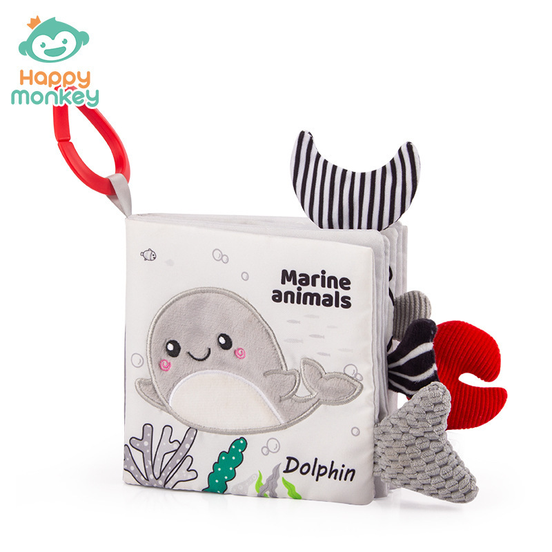 Libro de tela Happymonkey para la educación temprana del bebé, libro de tela blanco y negro con cola, estimulación visual y táctil para bebés de 0 a 1 año