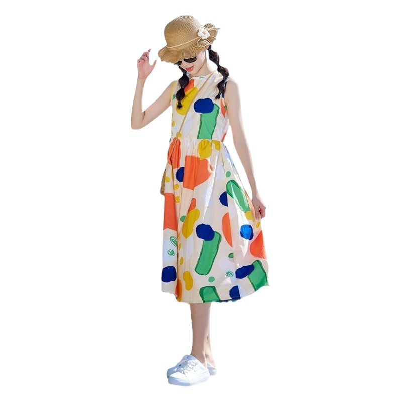 Corea del Sur ropa de los niños vestido las niñas falda graffiti 2024 verano nuevas niñas mayores de los niños sin mangas chaleco falda