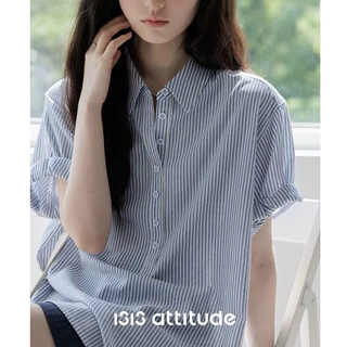 1313盐系气质蓝白条纹卷边短袖衬衫2025女夏半开襟宽松休闲polo衫