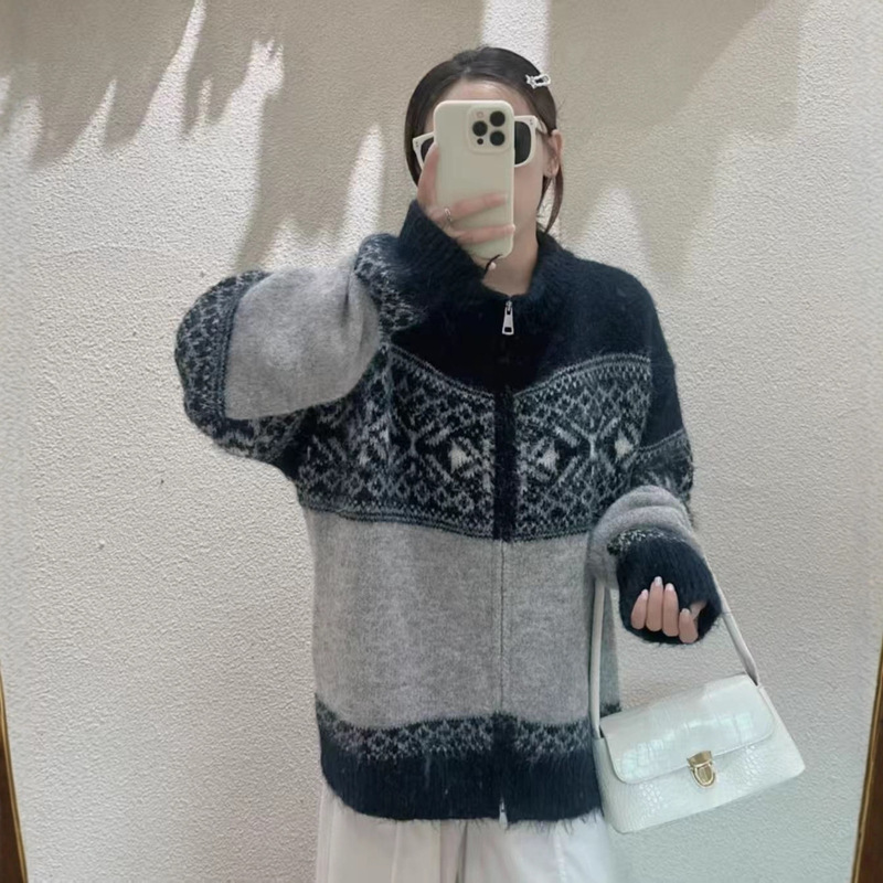 韩系费尔岛针织开衫撞色提花2025秋冬新款软糯宽松百搭毛衣外套女|undefined