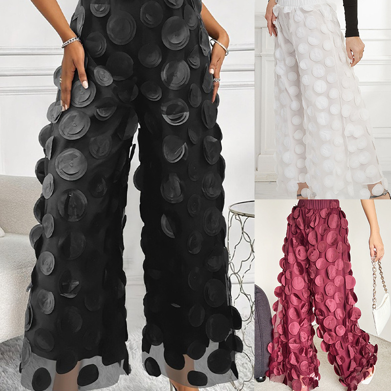 跨境女士休闲长裤波点直筒气质优雅网纱长款春夏设计通勤百搭长裤