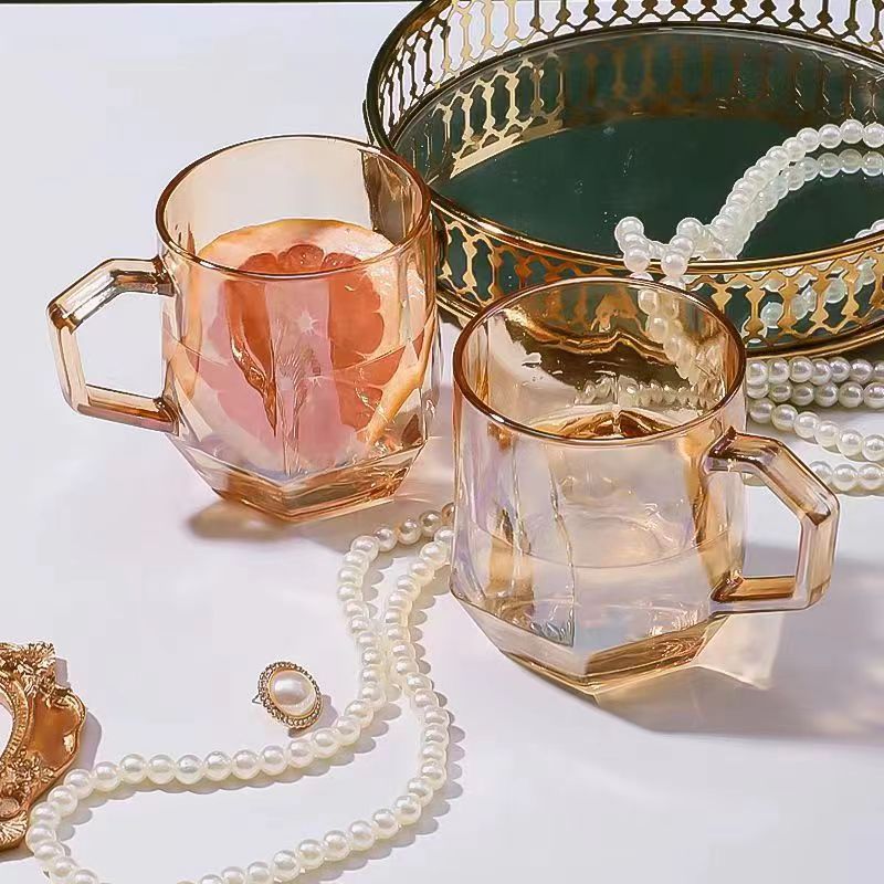 Luxury-style glass cup with high-end appearance, creative hexagonal handle, summer vibrant color home water cup, opening gift for business.