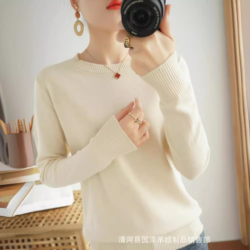 Pure cotton long-sleeved knitted bottoming shirt women's round neck pullover Korean style simple loose all-match cotton top wholesale