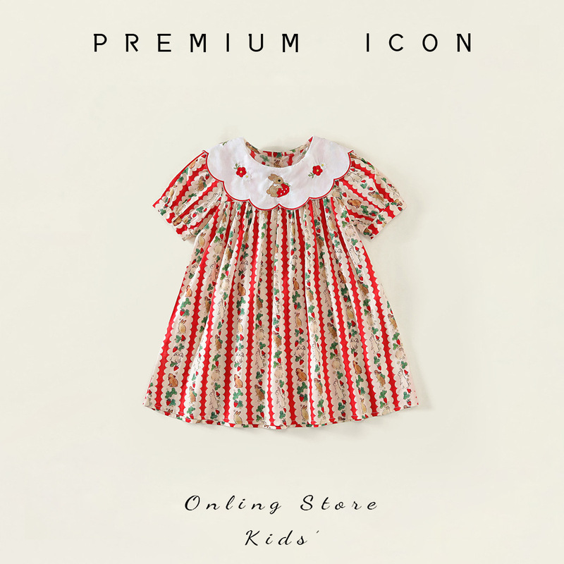 Girls Rabbit Print Short-Sleeved Dress 2025 Summer New Style Doll Collar Floral Cartoon Loose Children's Dress Dropshipping