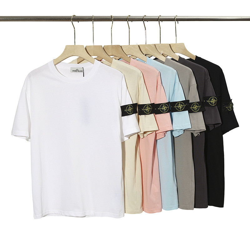 Cross-Border Stone Island Short-Sleeve T-Shirt with Logo and Badge on the Sleeve, Loose Fit, Crew Neck, Couple's Style, Men'S, Pure Cotton, Breathable