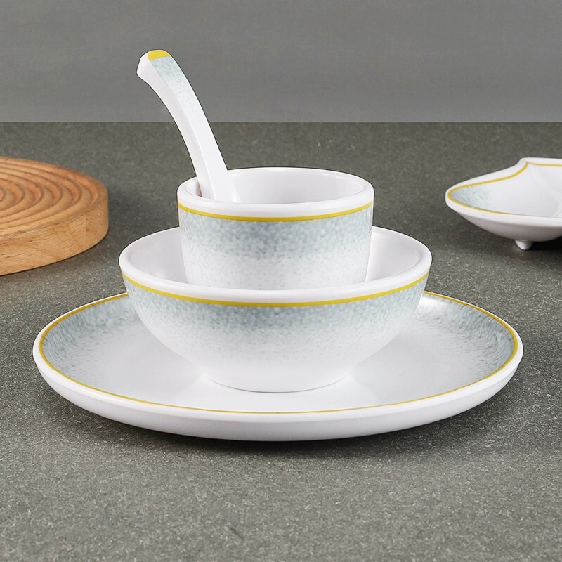 Commercial Hotel Hot Pot Restaurant Table Setting Four-Piece Melamine Bowl, Plate, Cup, and Spoon Set, Light Luxury Melamine Tableware with a High-End Feel