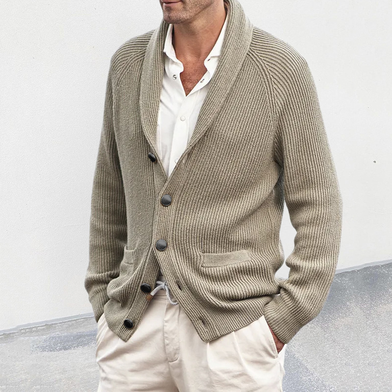 Monochrome Man- European And American Style Men's Cardigan Sweater, Turn-Down Collar Long Sleeve Knitted Jacket, 2026 Autumn Winter_voghion.com