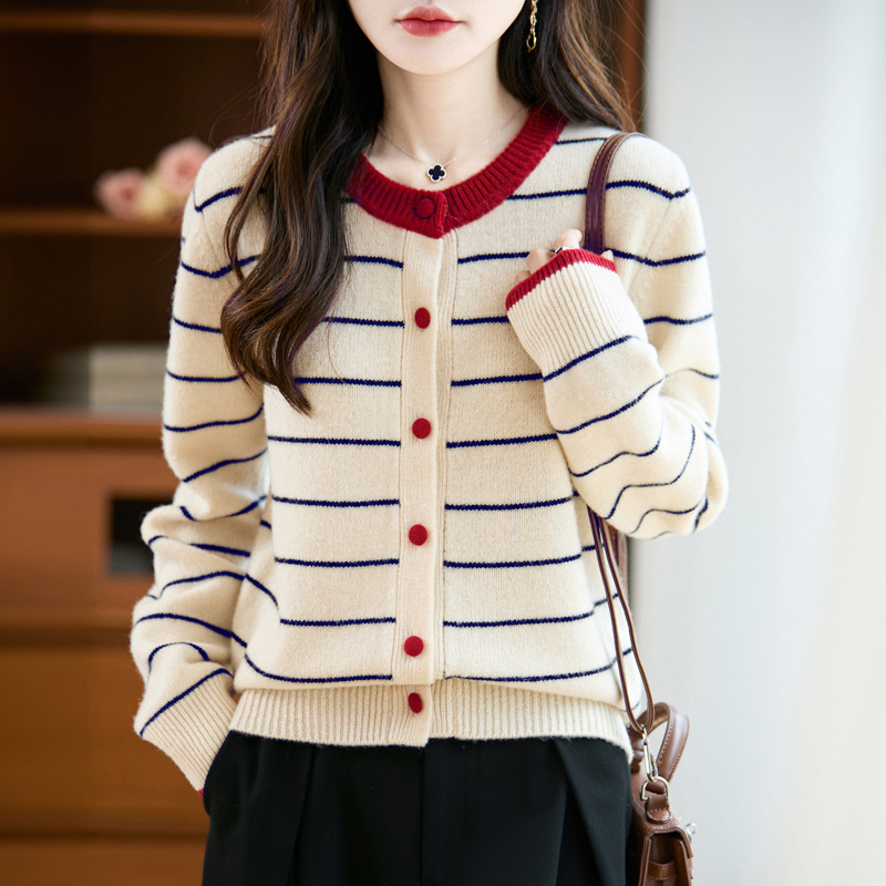 100% Pure Wool 2026 Spring New Women's Loose Round Neck Striped Color-Blocked Button-Up Knit Cardigan Jacket