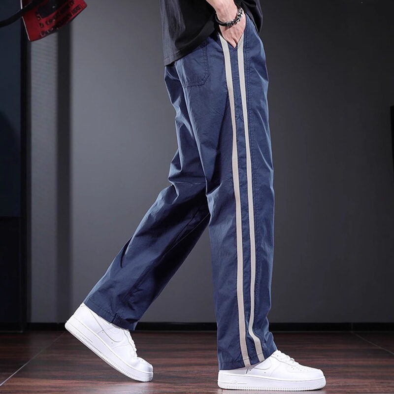 Side Stripe Casual Pants for Men, Summer Thin Style, Unique Design, Loose Straight-Leg Long Pants, Trendy Brand, Blue Men's Pants Side Stripe Casual Pants for Men, Summer Thin Style, Unique Design, Loose Straight-Leg Long Pants, Trendy Brand, Blue Men's Pants