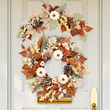 鸿禹 亚马逊热销秋季白枫叶南瓜花环藤条门楣倒挂树感恩节丰收