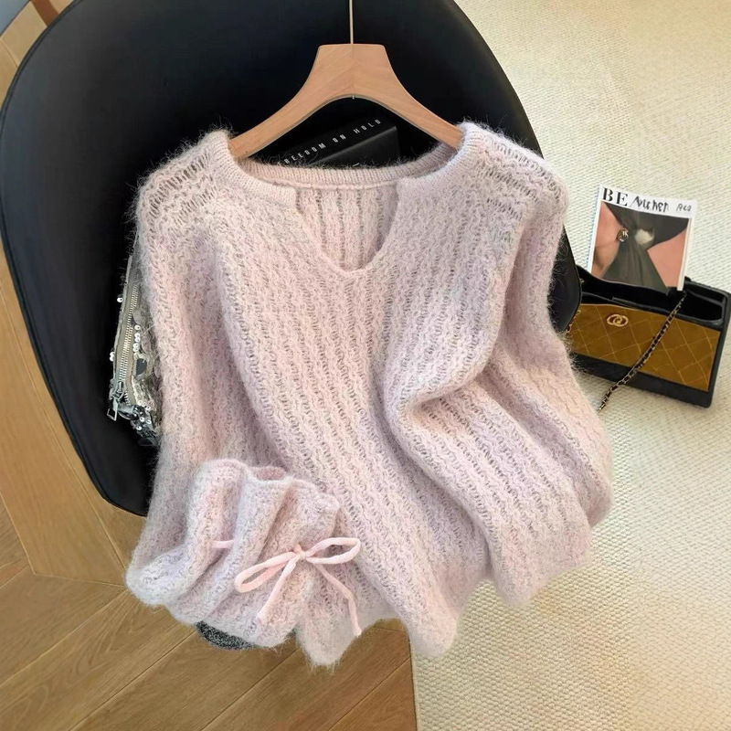 Pink and Purple Gentle Style Chunky Knit Sweater for Women, Autumn and Winter Korean Style, Loose and Soft Long-Sleeve V-Neck Top, Trendy