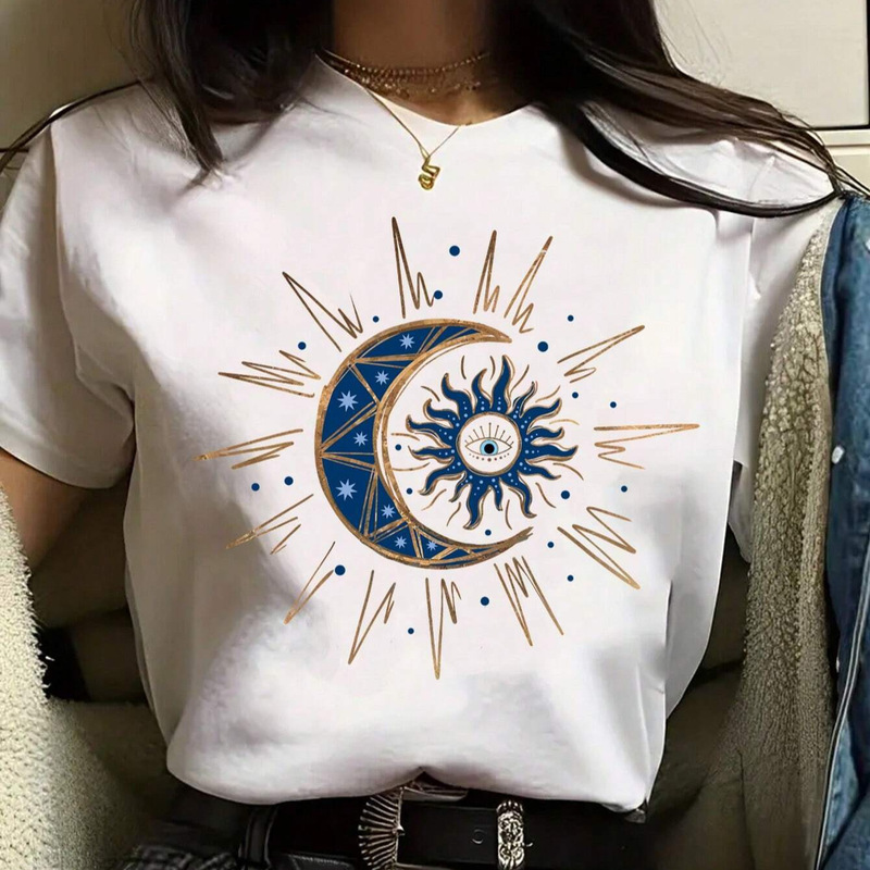 Cross-border Women's Moon Niche Vintage Printed Fashion Casual Cute Short-sleeved Women's Short-sleeved T-shirt