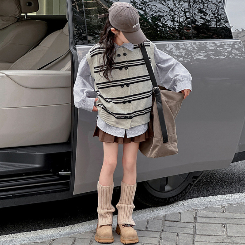 女童针织毛衣马甲衬衫秋季2025新款儿童韩系洋气大童早秋穿搭套装|undefined