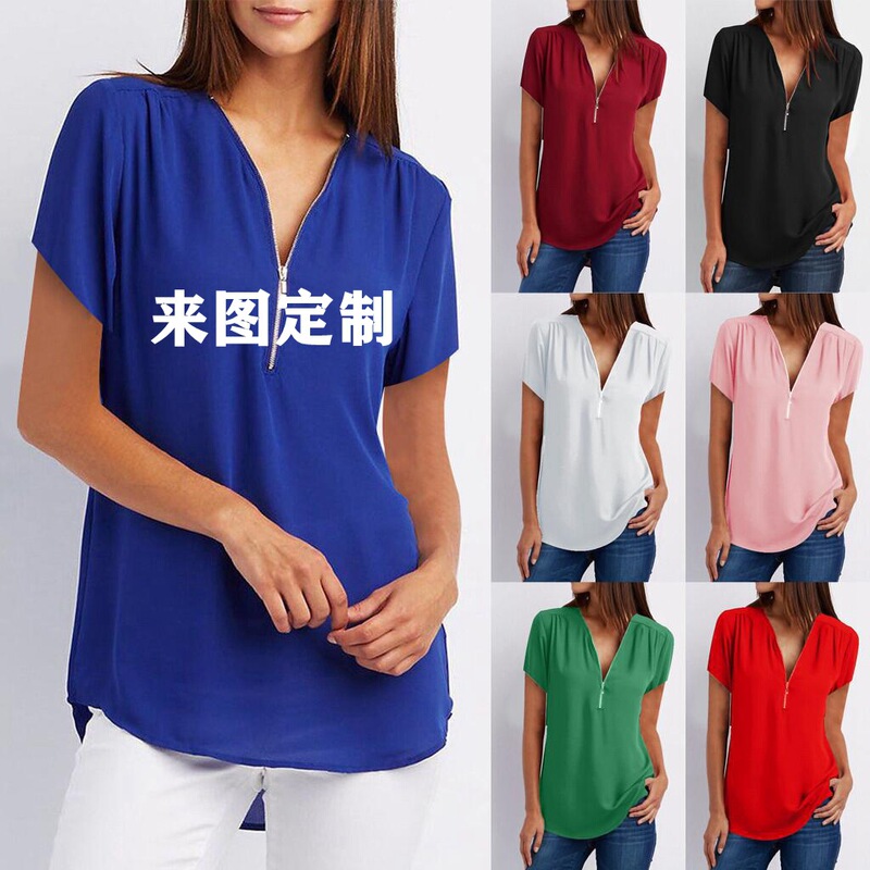 Independent Station ETSY AliExpress Amazon Summer Solid Color Loose V-neck Short Sleeve Zipper Women T-Shirt Top