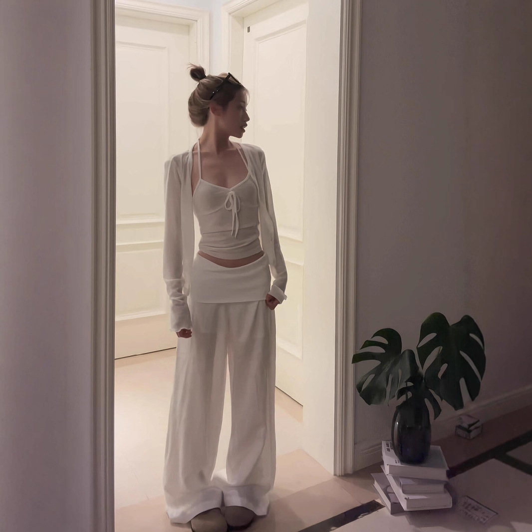 Commuting White Suit Knitted Casual French High-Waist Slim Fashion Suit Wide-Leg Pants Temperament Long-Sleeved Sports