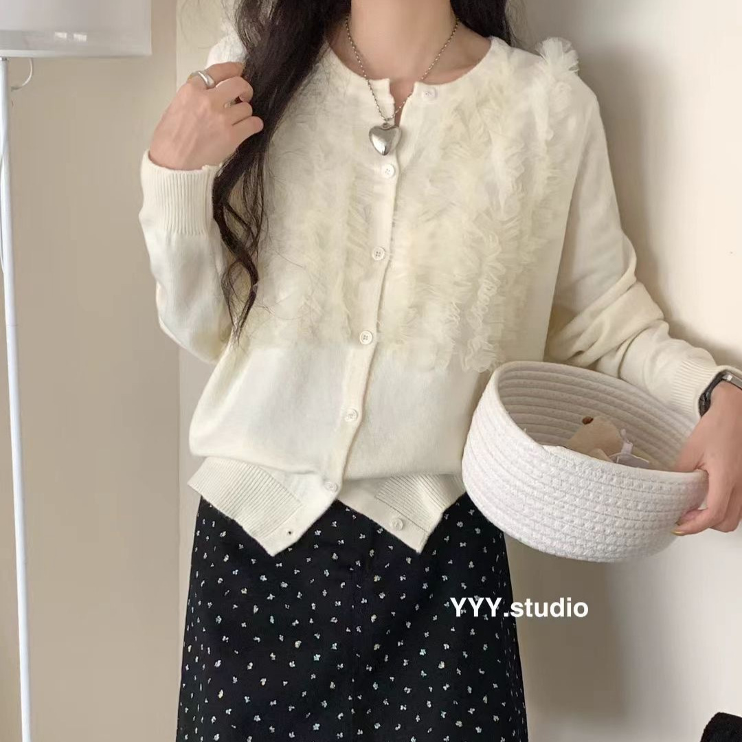 Lace Cardigan Women's Round Neck Gentle Knitwear Women's 2025 Autumn and Winter Tops Korean Lace Elegant Style Knitwear