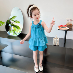 女童孔雀藍夏裝套裝2024新款花朵背心寬鬆短褲清涼寶寶時髦兩件套