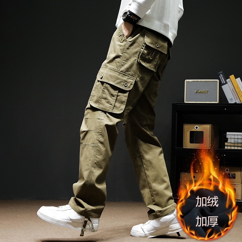 Fleece-Lined Thick Cotton Multi-Pocket Cargo Pants with Elastic Waist, Men's Loose-Fitting Durable Cotton Casual Pants, Trendy
