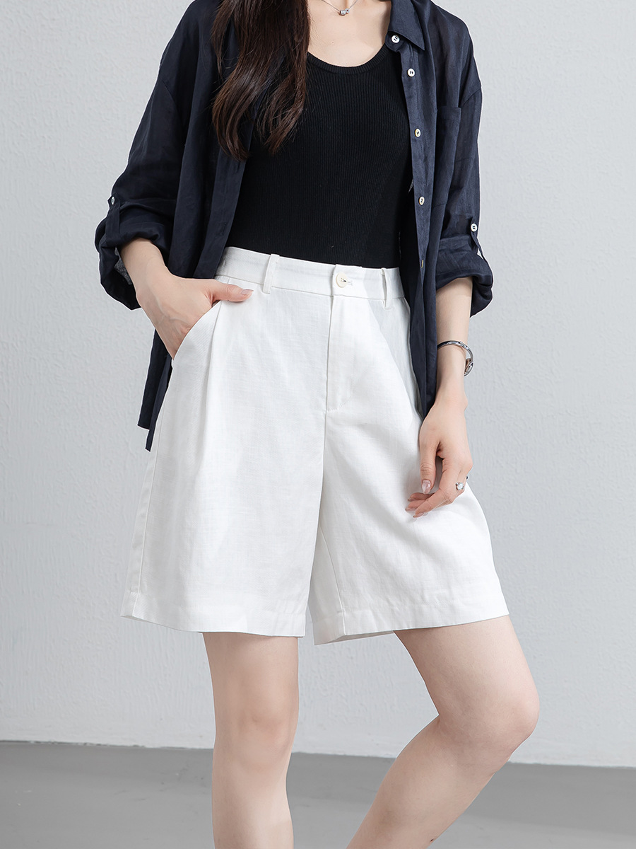 Quần short nữ cạp cao dáng chữ A ống rộng chất liệu linen phối lụa thoáng mát — màu xanh navy