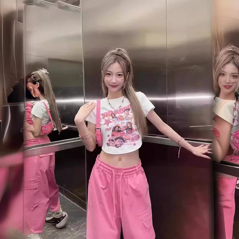 White Slim-fit Short High Waist Navel-exposed Short-sleeved T-shirt Women's 2024 Summer New Unique Shoulder Sweet and Spicy Small Top