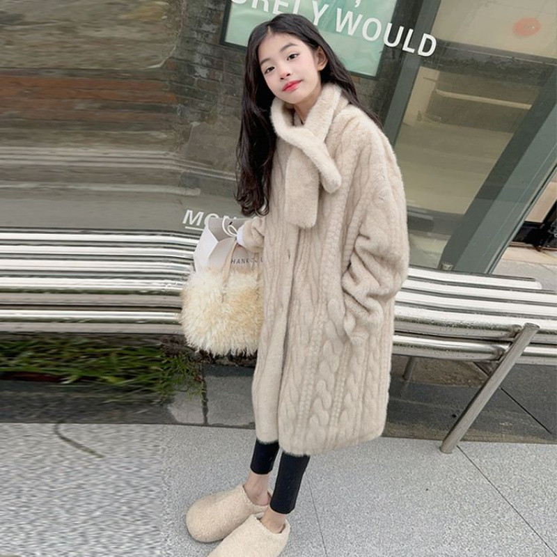 Zhili children's clothing girls' faux mink fleece trench coat winter 2025 new Korean style fur-lined coat warm