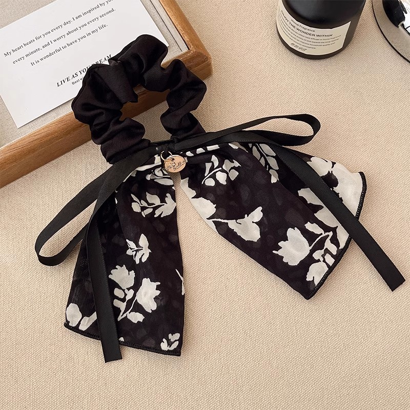 Retro francés negro flor triturada arco intestino grueso anillo de cabello de cola de caballo baja cuerda de cabello para mujeres 2025 nuevo flotante flores de cabeza