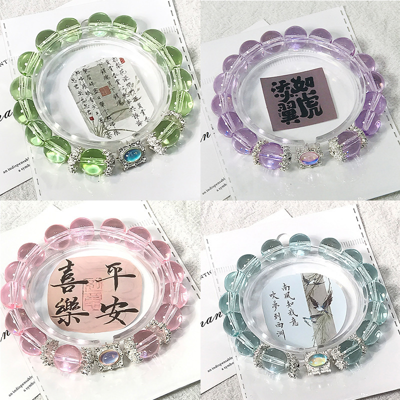 Square Transparent Glass Crystal Bracelet, Fresh and Sweet Hand Jewelry, Hand-Beaded Student Bracelet for Best Friend