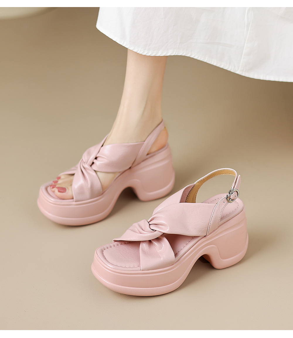 Sandal nữ đế xuồng cao gót quai chéo hở mũi phong cách La Mã — Hồng nhạt, màu trắng ngà chi tiết 10