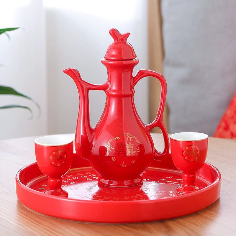 Свадебная керамическая красная колба, набор чашек для тостов, китайская свадебная чашка для вина, маленькая свадебная чашка с подносом