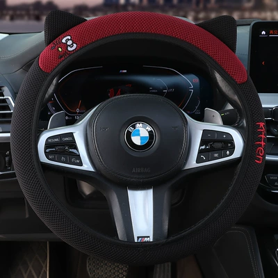 Steering wheel cover – breathable - elastic-embroidery-in-black-and-red-36-39cm