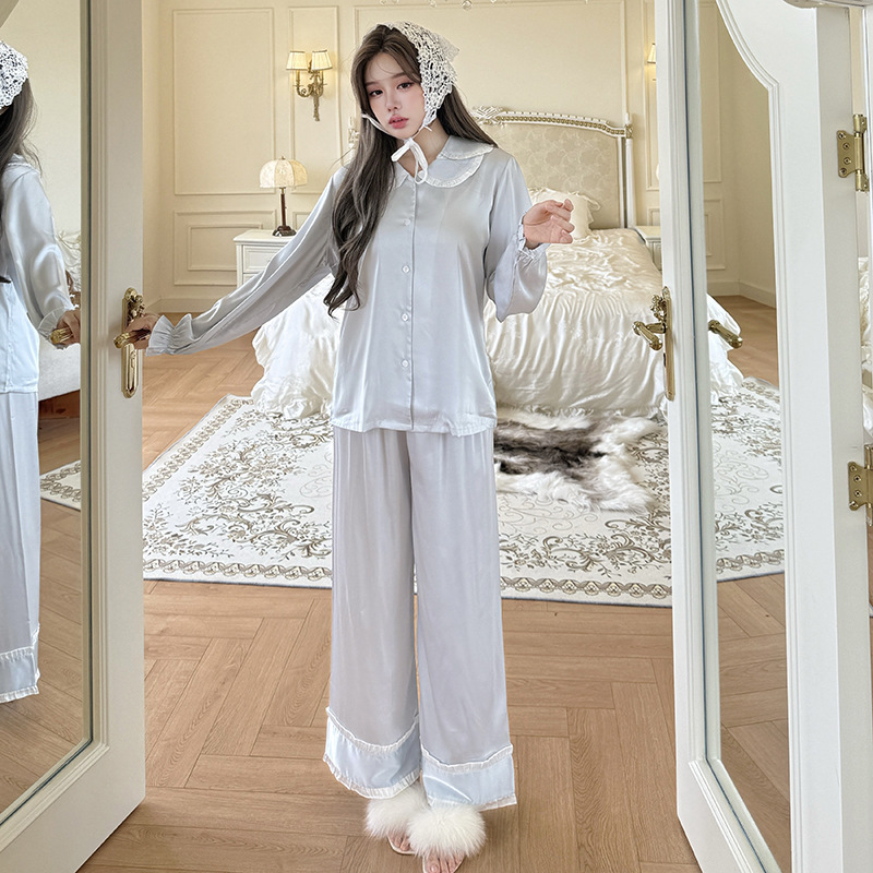 2025 新しい氷と雪のシルクパジャマ女性の長袖ズボンレースカジュアルフレンチホームウェアセットは屋外で着用できます|undefined