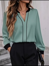 W 72981 V-Neck Color Block Shirt ƴɫ���� ŷ���羳����ѷ
