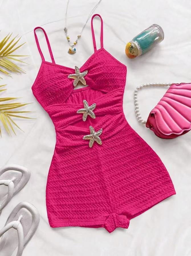 Textured Ruffle Strap One-Piece Swimsuit With Starfish Accent, Cutout Waist Design For Women's Vacation Hot Spring Wear_ecoleips.com