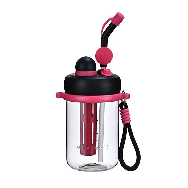 Taza de agua de celebridades de Internet portátil de alto valor para exteriores Taza de té de frutas de plástico de gran capacidad de doble bebida Taza de té de flores con mango de silicona deportiva