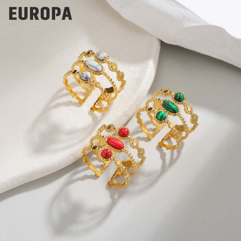Cross-Border Exclusive 18K Gold Three-Layer Hollow Gemstone Open Ring for Women, Non-Fading Retro Fashion Stainless Steel Ring