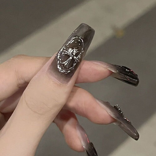 Flashy Croco Heart Wearable Nails Dark Series Nail Sticker Long Beauty Nail Drill Version False Nail Nail Sticker Complete Set