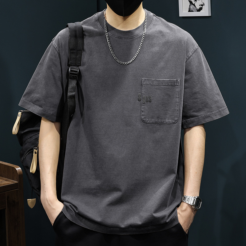 Summer Heavyweight Pure Cotton Short-Sleeve Men's T-Shirt Retro Trendy Brand Pocket New Loose Plus-Size Half-Sleeve Tee