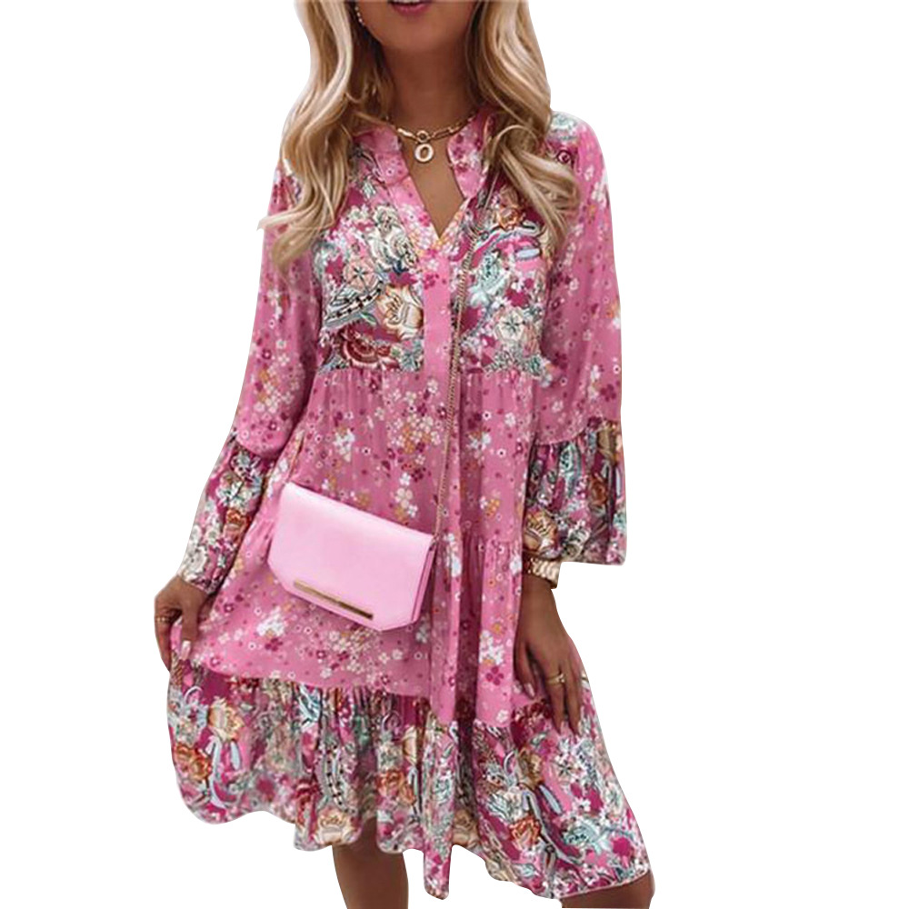 Regular Fit Fit Type Flower Pattern Summer, Spring Season Wholesale Women'S Pastoral Printing Flower Street V Neck Nine Points Sleeve Regular Dress