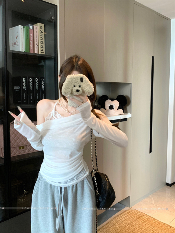 白色斜肩长袖T恤女早秋假两件蕾丝挂脖打底衫内搭短款露肩小上衣|undefined