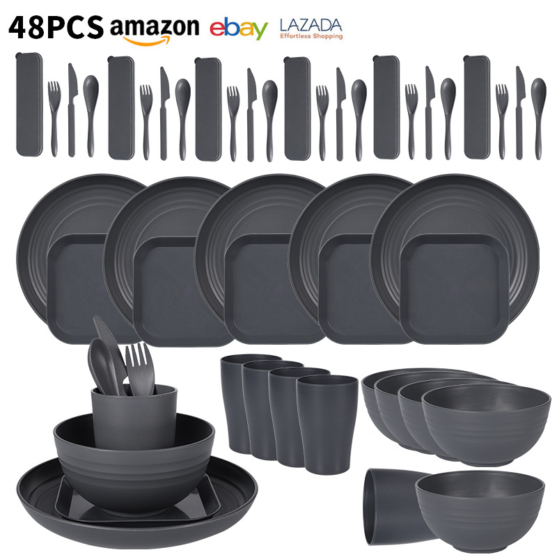 Cross-border foreign trade gray wheat straw bowl plate cup 6-person set household knife fork spoon tableware portable dining set