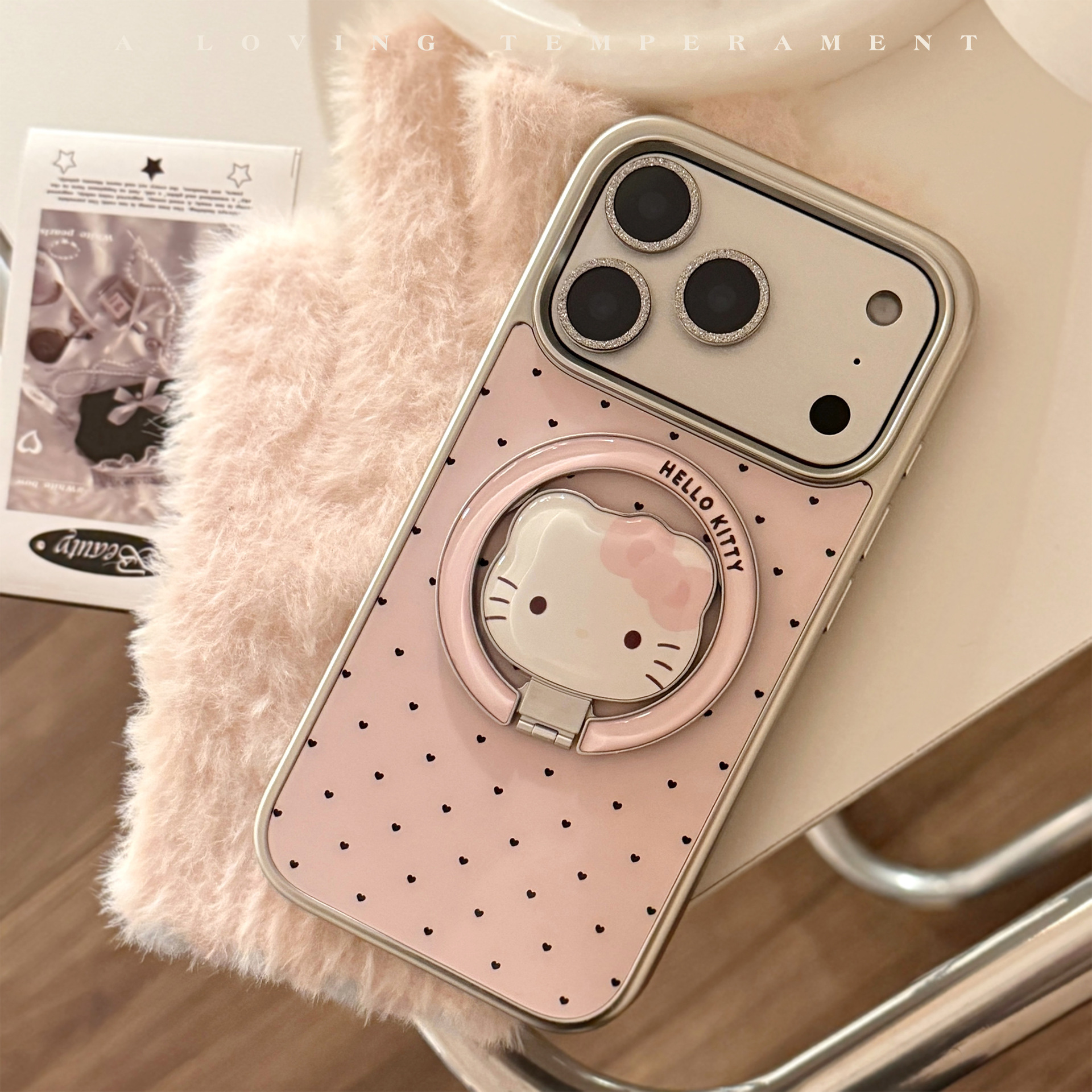 Suitable for Apple 17Promax Mobile Phone Case Iphone16 Pink Cat Magnetic Stand 13 Girly Heart 15 Electroplating