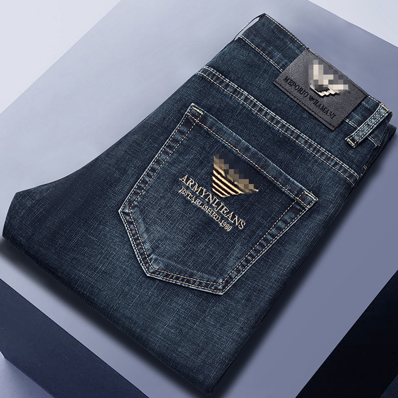 2024 Autumn/Winter Thick Men's Jeans Slim Fit Straight Men's Mid-Waist Embroidered Brand Casual Versatile Denim