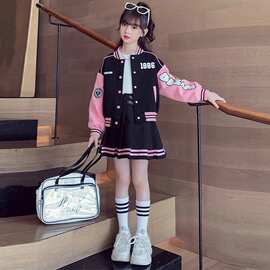 女童秋季运动套装2025新款网红中大童棒球服外套洋气百褶裙两件套