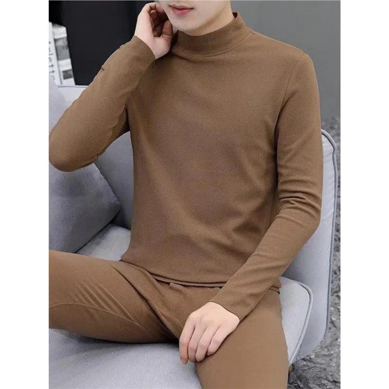 Underwear Pure Color Warm Autumn Clothing Slim Turtleneck Suit Bottoming Inner Half Shirt German Velvet Winter Autumn Trousers Fleece-Lined Cotton for Men