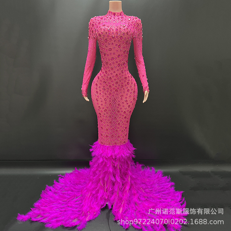 Rose Red Rhinestone-Embellished Feather Dress for Company Annual Meeting, Elegant Women's Gown for Red Carpet Show in Apricot and Blue