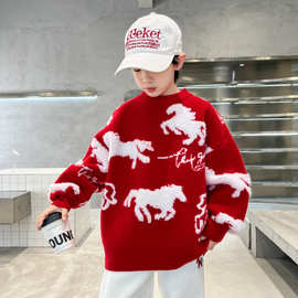 2025新款冬季新年系列男女童红色马纹毛衣保暖舒适过年上衣马图案