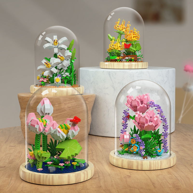 Yu Gao 1170-77 Plant Flower Run Series with Base Dust Cover Microparticle Assembled Building Blocks Flower Toy Ornaments
